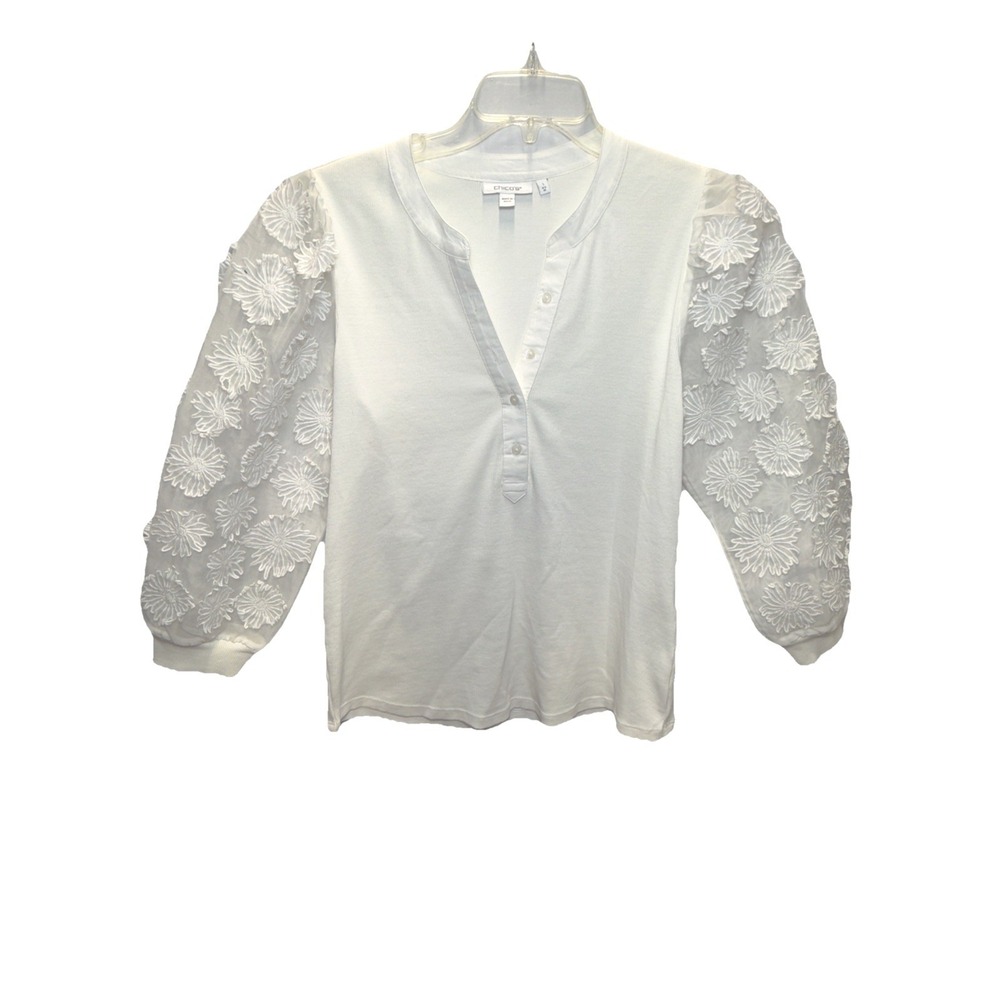 Chico's Knit Henley Top ALABASTER Women's 1 XL 3/4 Floral Lace Sleeve